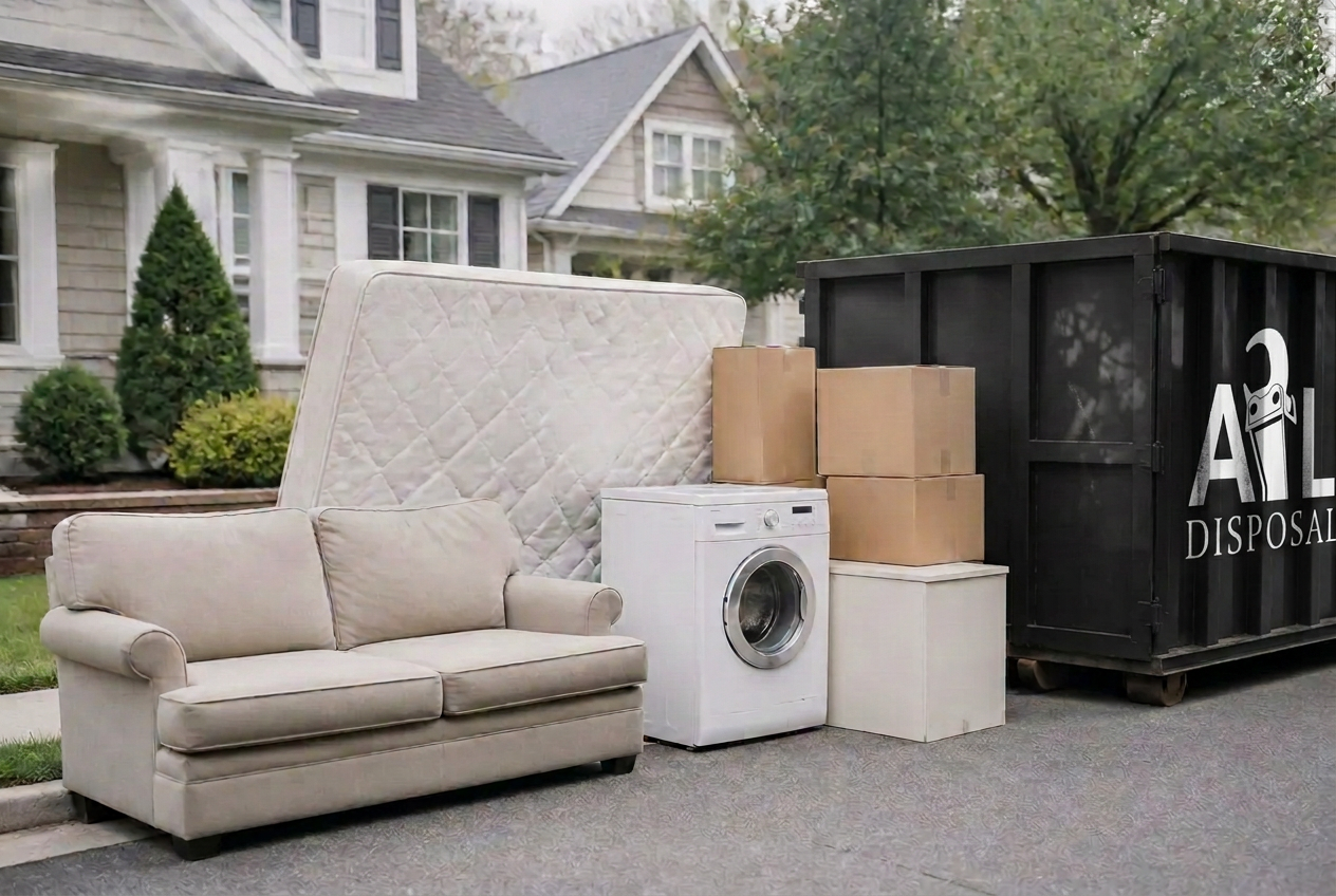 Old couch, mattress, and household furniture stacked at a curb for bulk trash pickup