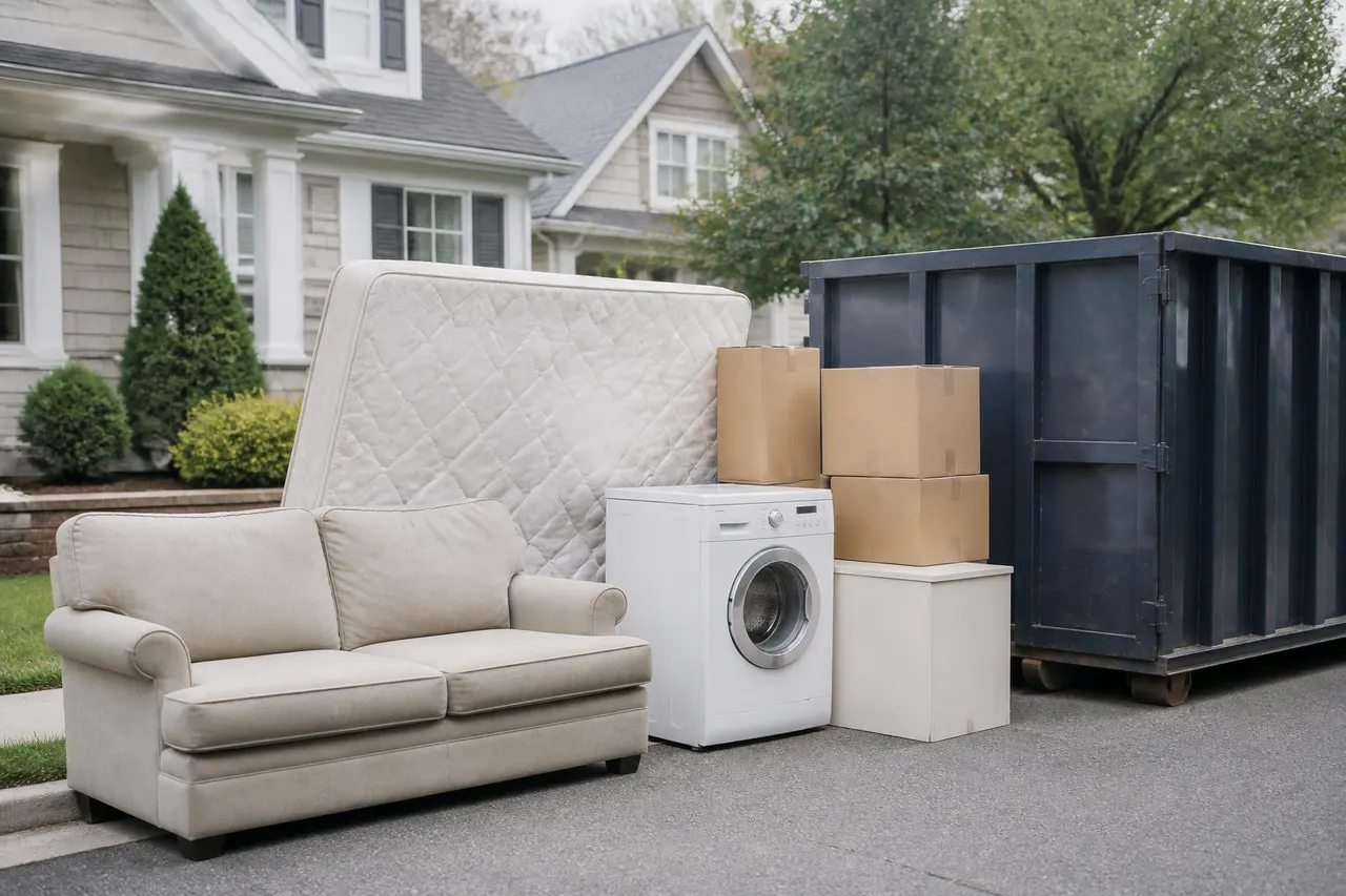 Old couch, mattress, and household furniture stacked at a curb for bulk trash pickup