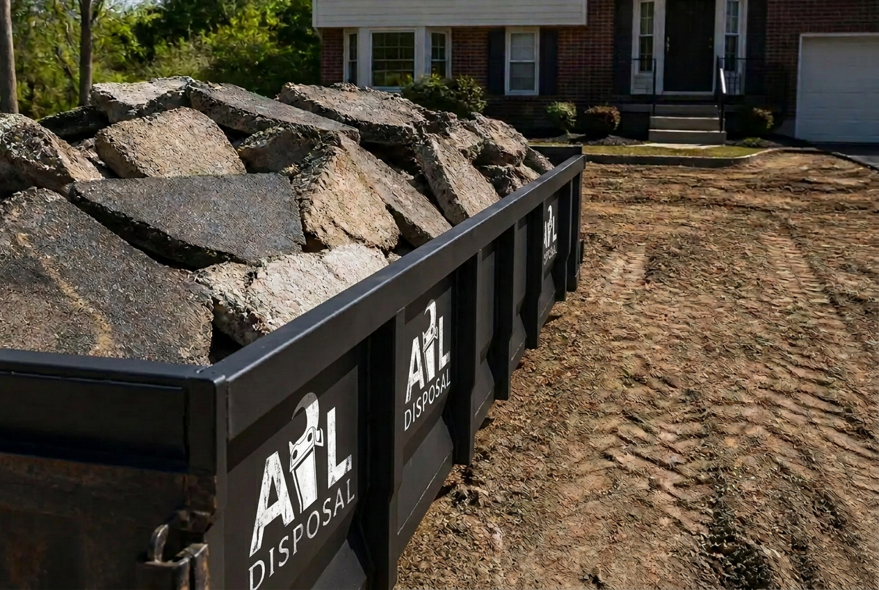 Broken concrete slabs and masonry rubble filling a heavy-duty disposal container