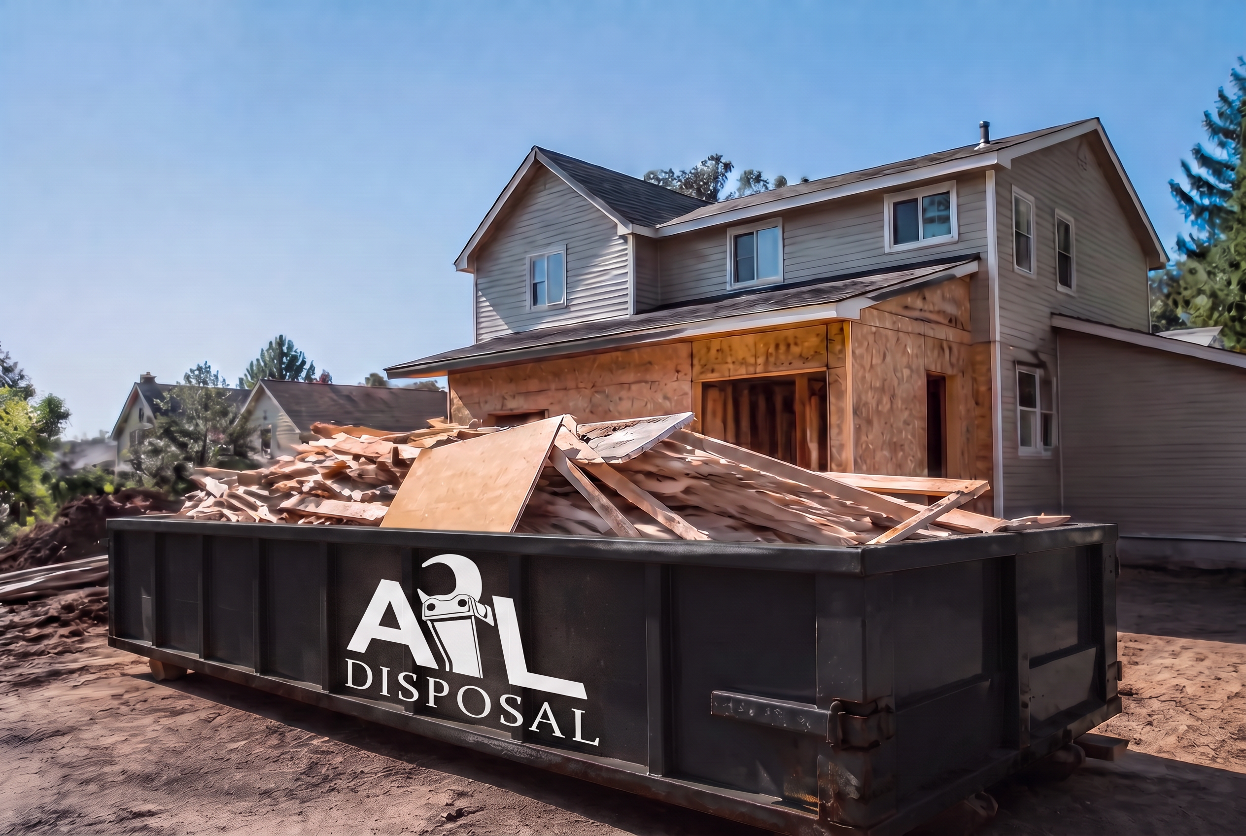 Construction and demolition debris loaded into a large roll-off container at a renovation site