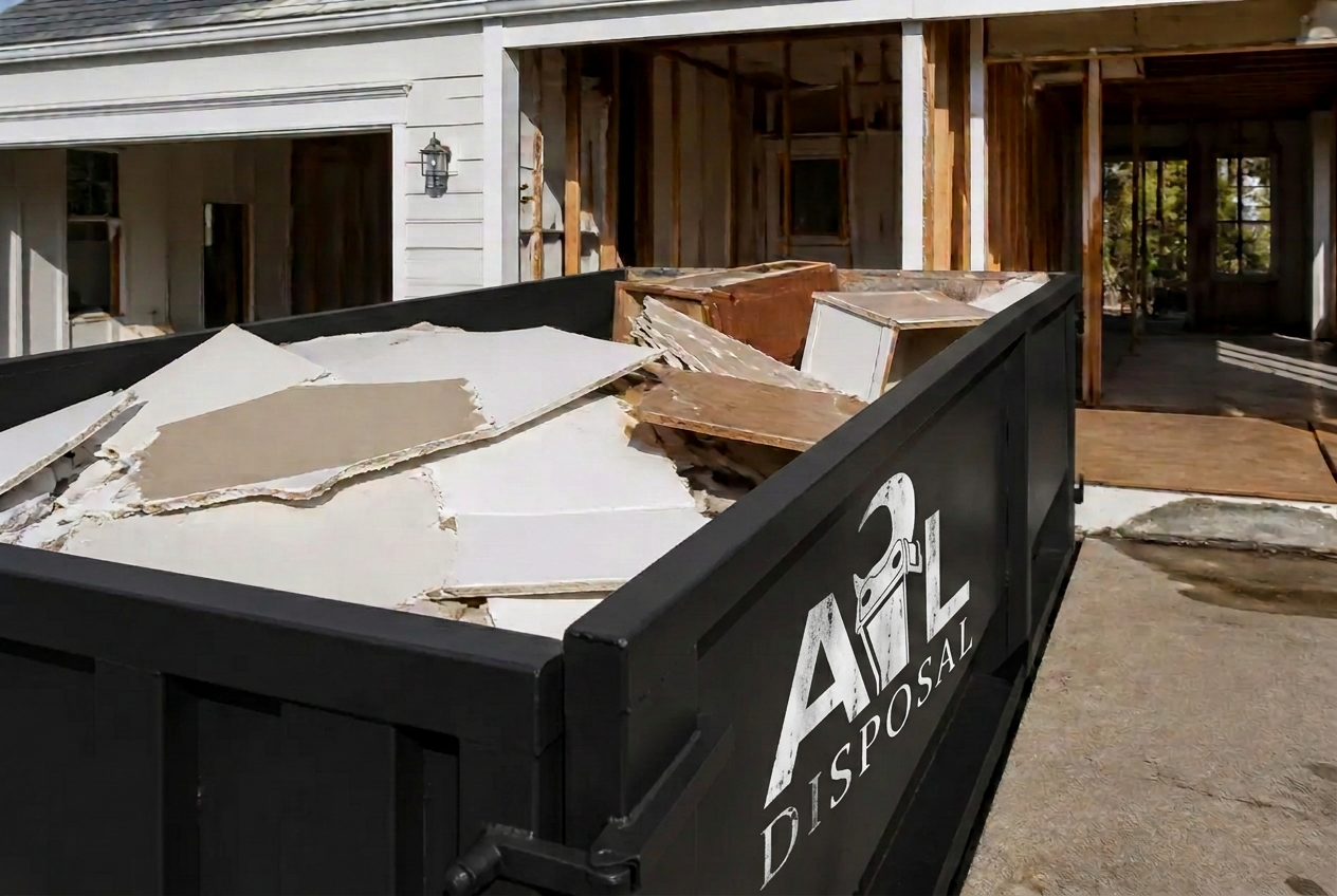 Torn-out drywall, framing lumber, and flooring piled inside a demolition dumpster