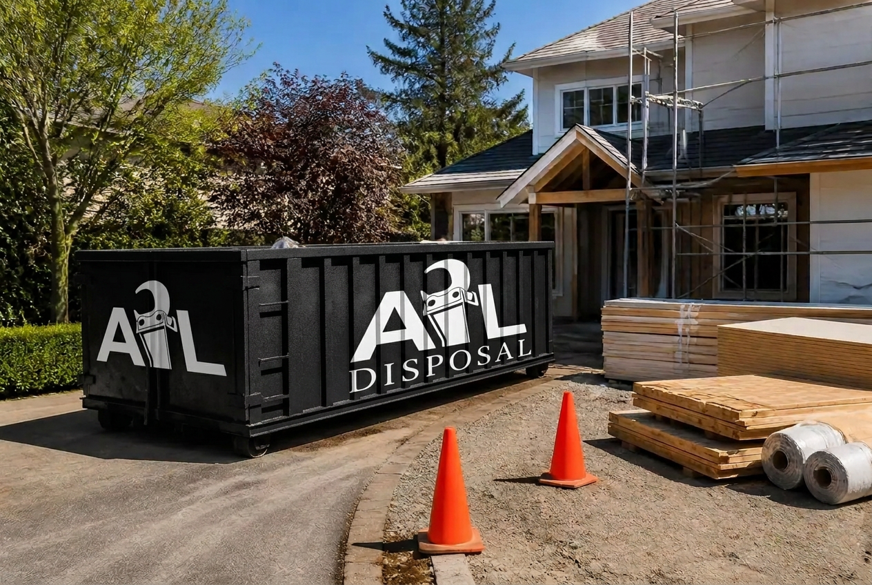 Job site container beside a home under renovation with contractor materials nearby
