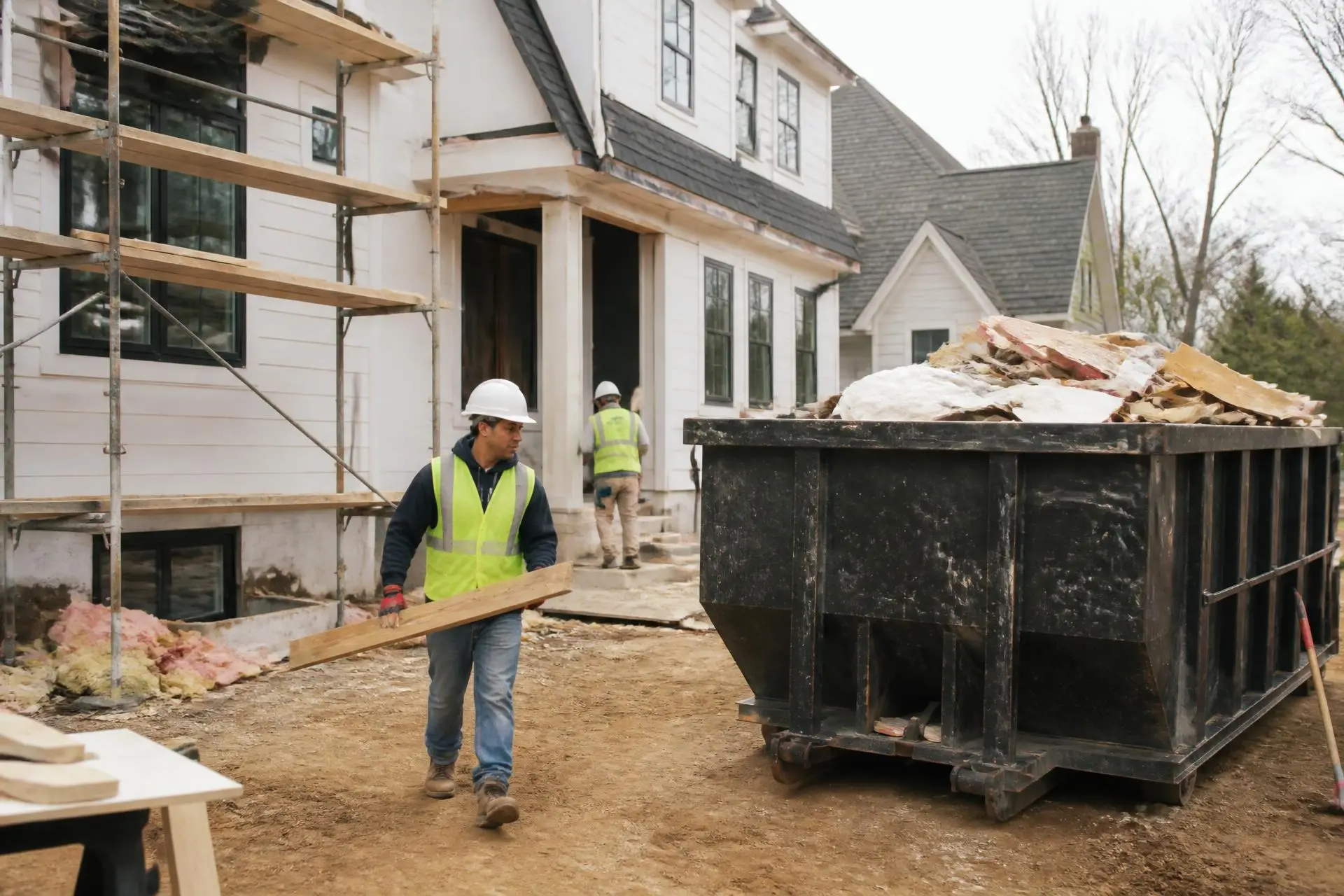 Contractor carrying lumber past a job-site dumpster filled with renovation debris