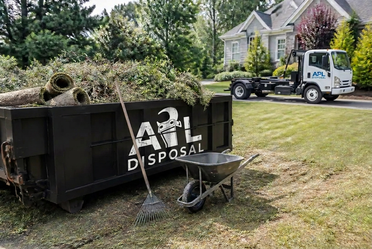 Branches, sod, and green waste loaded into a container during a landscaping project
