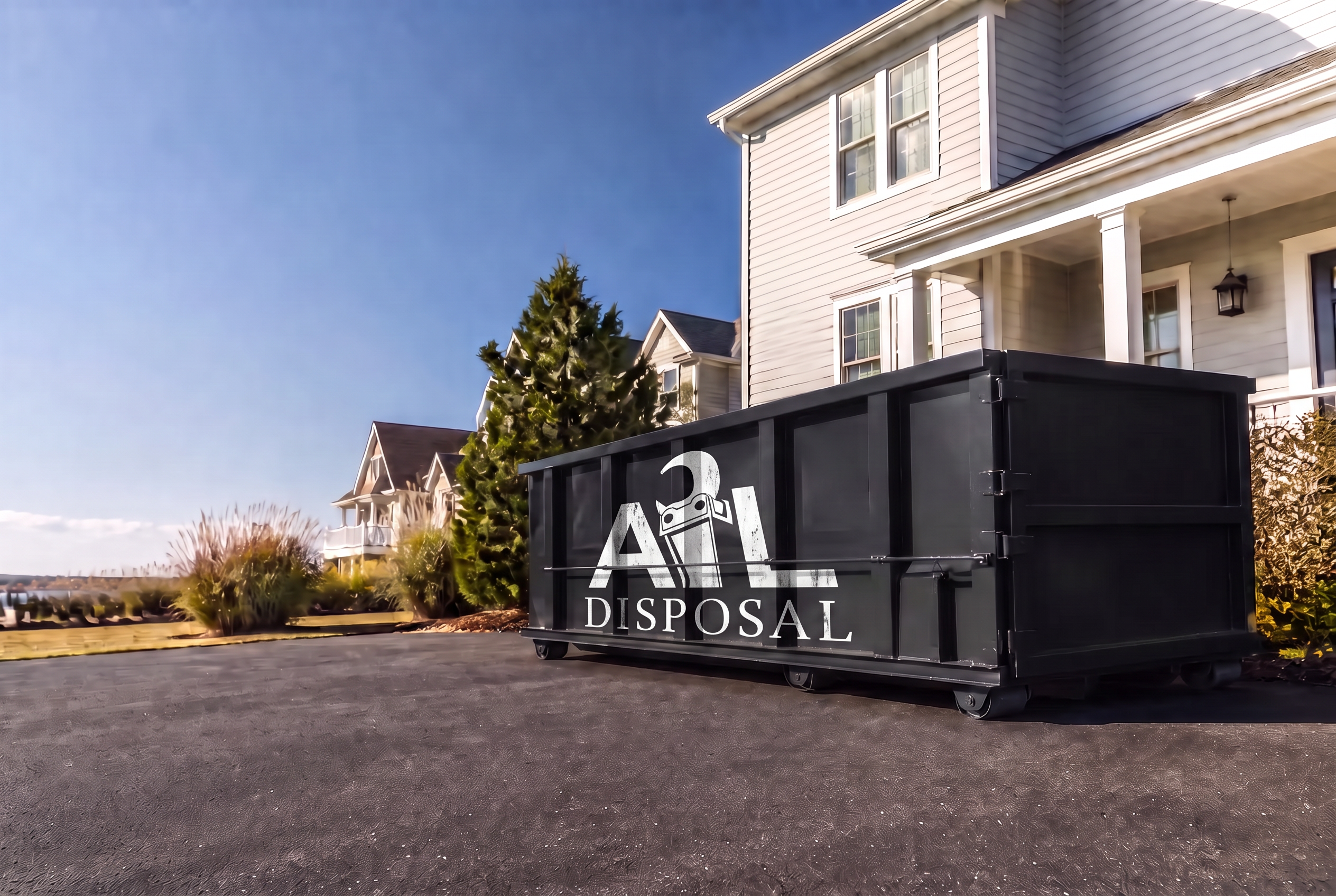 Blue roll-off dumpster set on a suburban driveway in Manchester, NJ, ready for loading