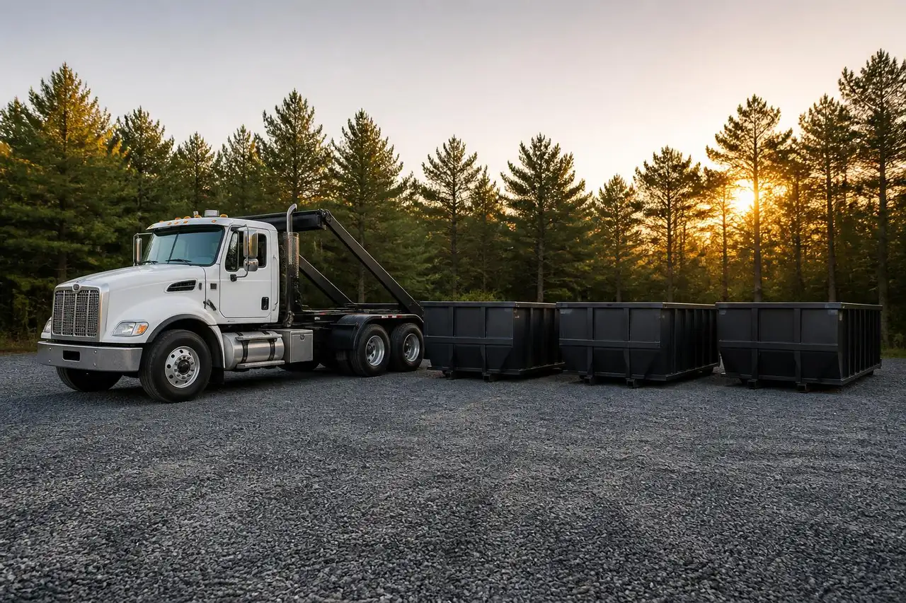 Row of clean roll-off containers lined up in the APL Disposal equipment yard